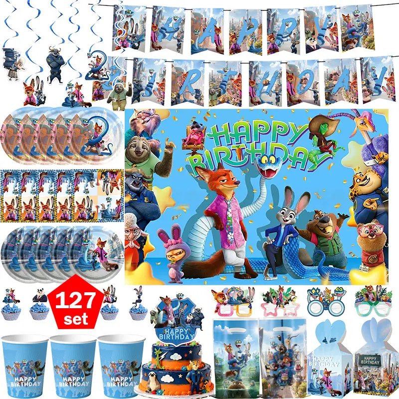 Nouvelles décorations d'anniversaire Zootopia 2 : Assiettes, gobelets, ballons Judy et Nick, sacs à bonbons, bannière, toile de fond, fournitures de fête pour enfants
