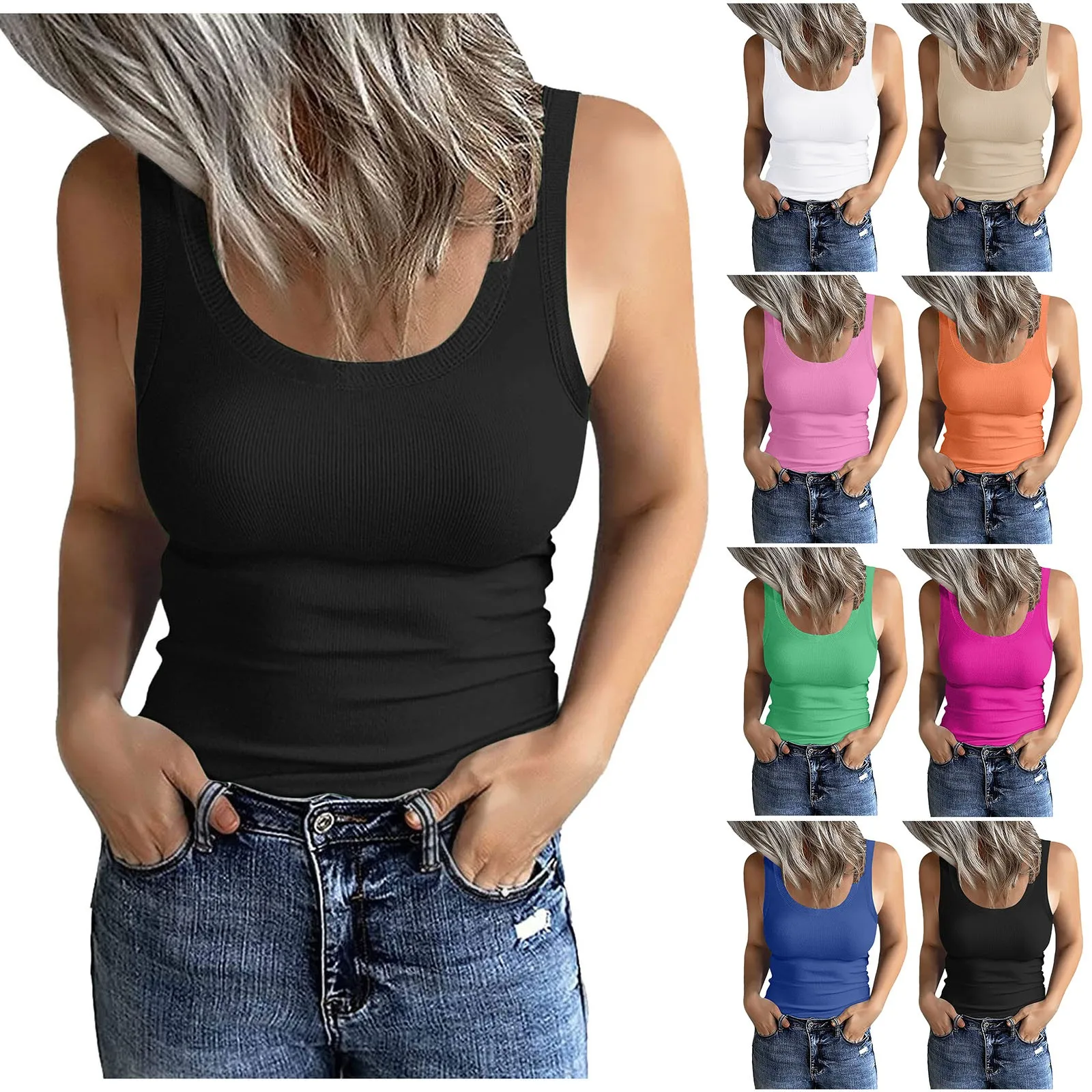 

Women's Scoop Neck Sleeveless Knit Ribbed Fitted Casual Crop Tank Top Womens Loose Tops Pack