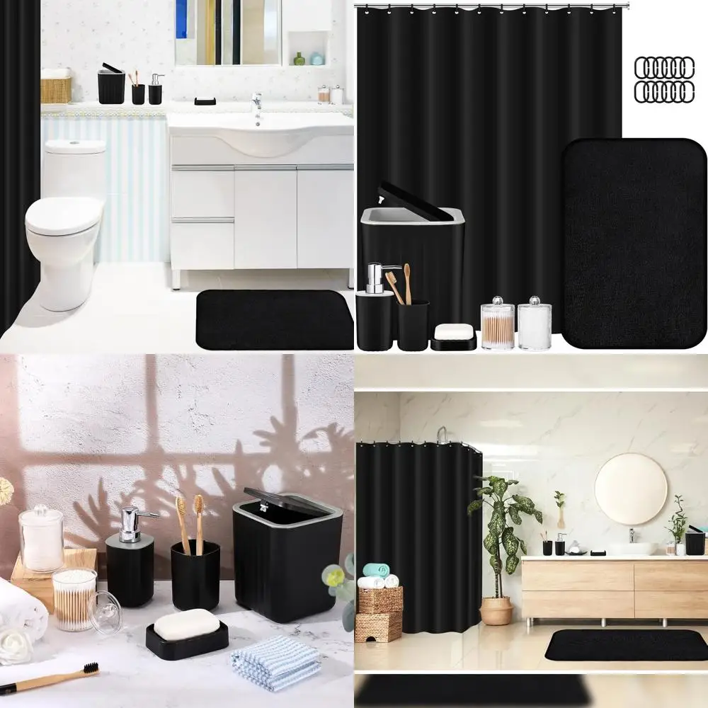 

Черный набор аксессуаров для ванной комнаты: занавеска для душа из 9 предметов, крючки, мусорное ведро, дозатор, мыльница, коврики, чашка и держатель ватных тампонов.