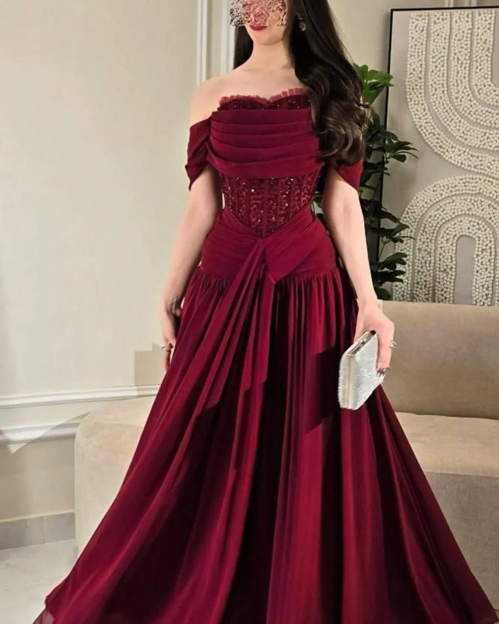 

Customized Matching Exquisite Jersey Pleat Ruched Draped Beading Sequined A-line Off-the-shoulder Long Dresses Evening Dresses