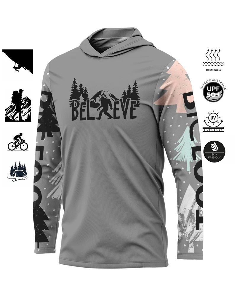 BIGFOOT Men\'s Hooded Fishing Shirt Long Sleeve Sweatshirt Cycling Hiking Sports T Shirt UV thin long-sleeved Climbing Fishing