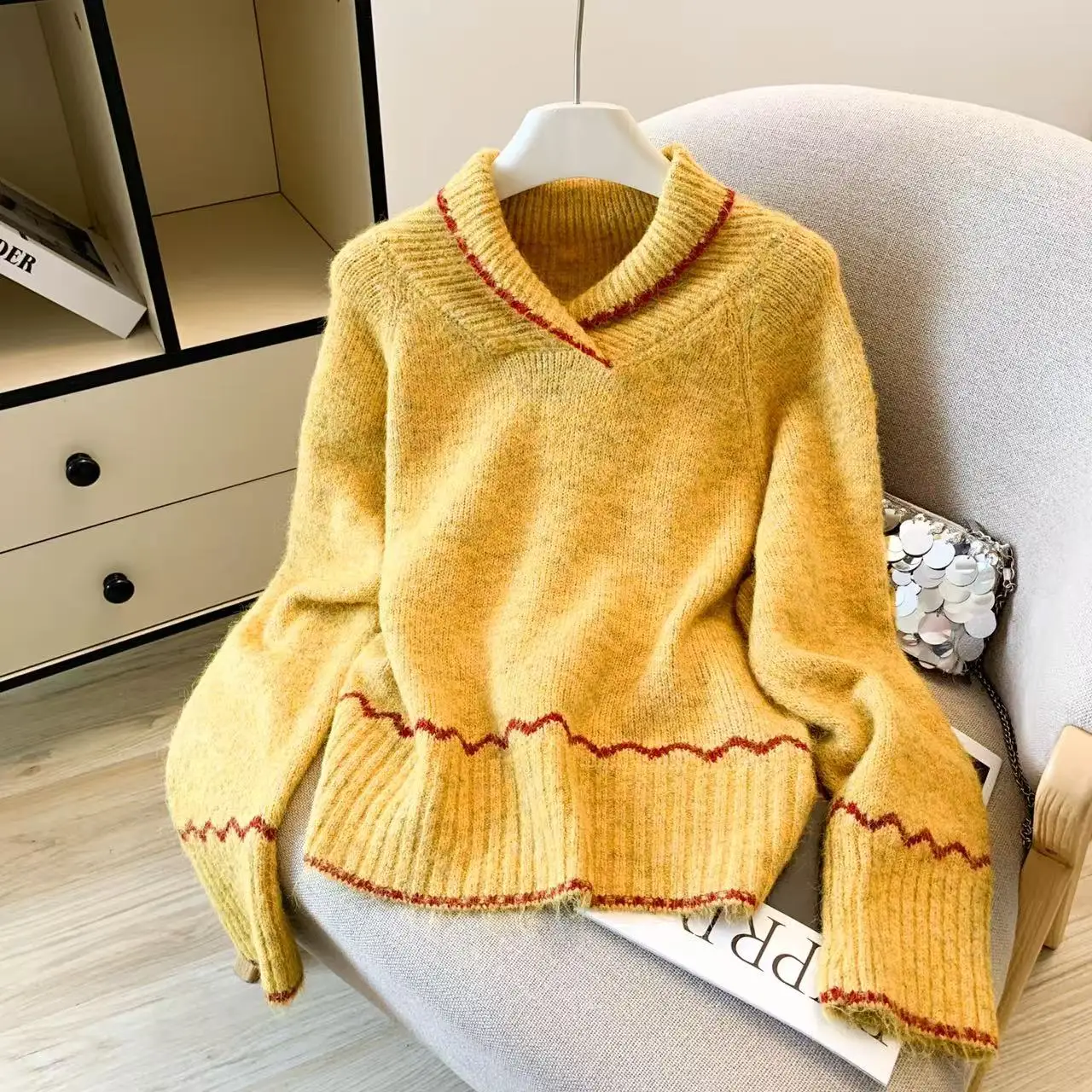 

Women's Yellow V-Neck Oversize Pullover Sweater Vintage 2000s Y2k Jumper Top Knitwear Long Sleeves Cashmere Sweater Autumn 2025