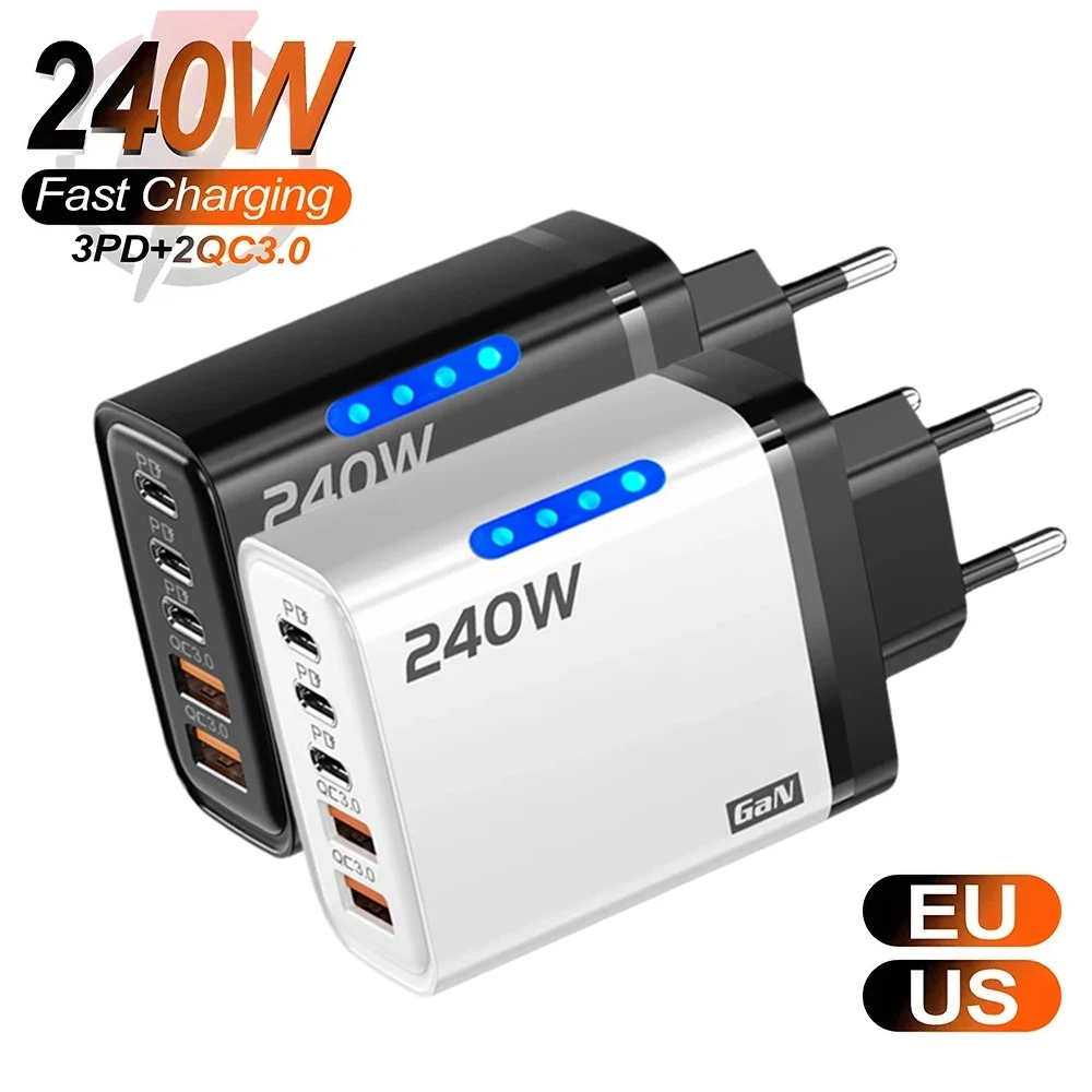 5 Ports 240W USB Charger PD Type C Fast Charging Adapter USB Quick Charge 3.0 Phone Chargers For iPhone 16 Samsung Xiaomi Huawei