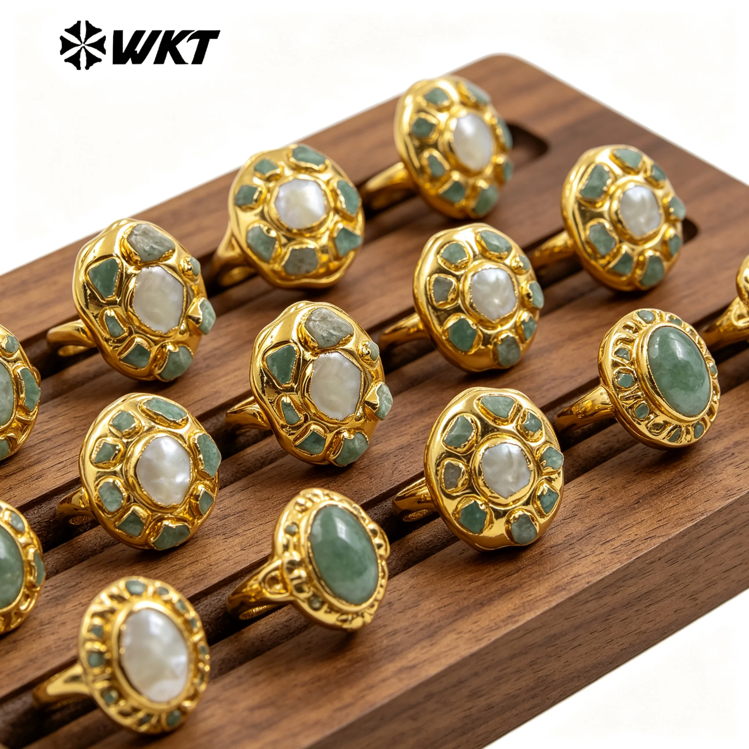 

WT-MPR086 WKT 2025 Retro Amazonite And Pearl 18K Gold Plated Women Ring Adjustable Wedding INS Jewelry Popular Design