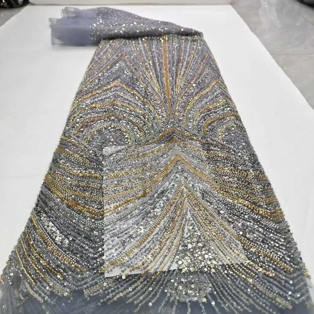 

Fashion Embroidery Sequins Lace Fabric Women Tulle Mesh Material Nigerian African 5 Yards Sequined Lace Fabric For Wedding Dress