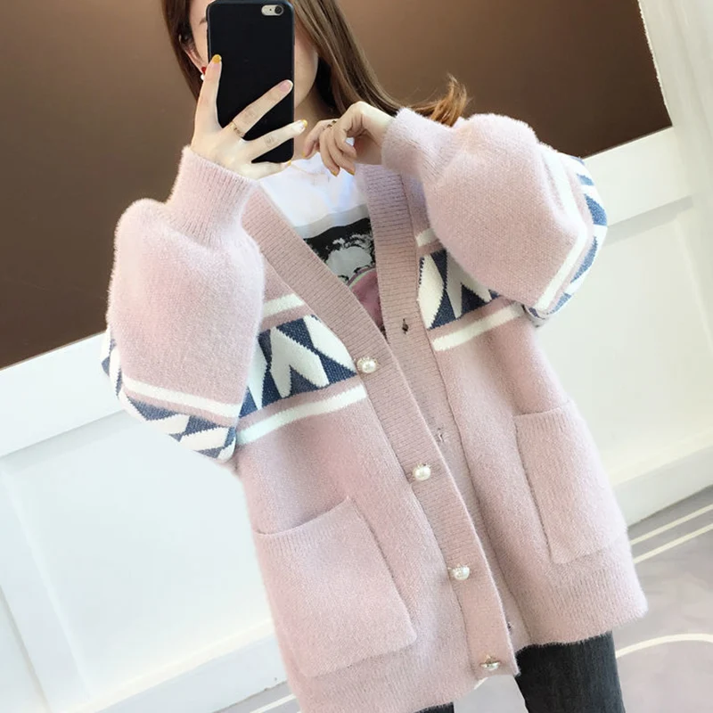 2024 Printed Lantern Sleeve Knit Cardigan Women Oversize Single Breasted Cardigan Coat Woman Korean V Neck Sweater Cardigans