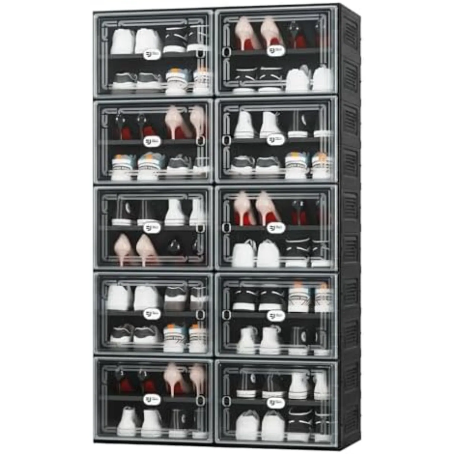 Black Shoe Storage Cabinet for 40 Pairs with Magnetic Clear Doors | Tool-free Assembly, Foldable Shoe Rack, Reinforecd