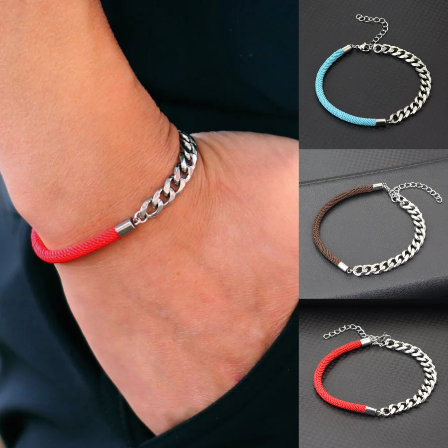 New Unique Cuban Chain Bracelet For Men Unfading Grade A 4mm Luck Red Thread Braclet Adjustable Outdoor Beach Surfing Pulseria