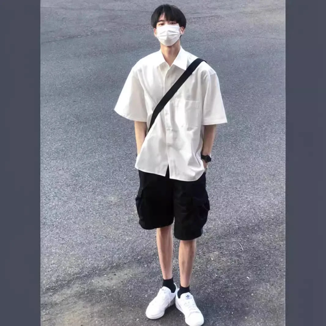 

Casual Cotton Men's Short Sleeve Shirt Summer Design Loose Fit Fashionable Brand Hong Kong Style Half Sleeve Men's Blouse