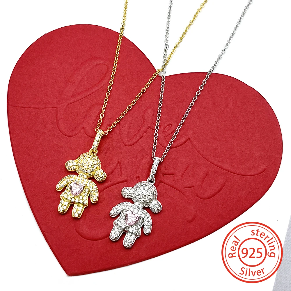 

Lovely Little Girl Crystal Chain For Women Men 925 Sterling Silver Pink Heart Luxury Party Wedding Clavicle Necklace Jewelry