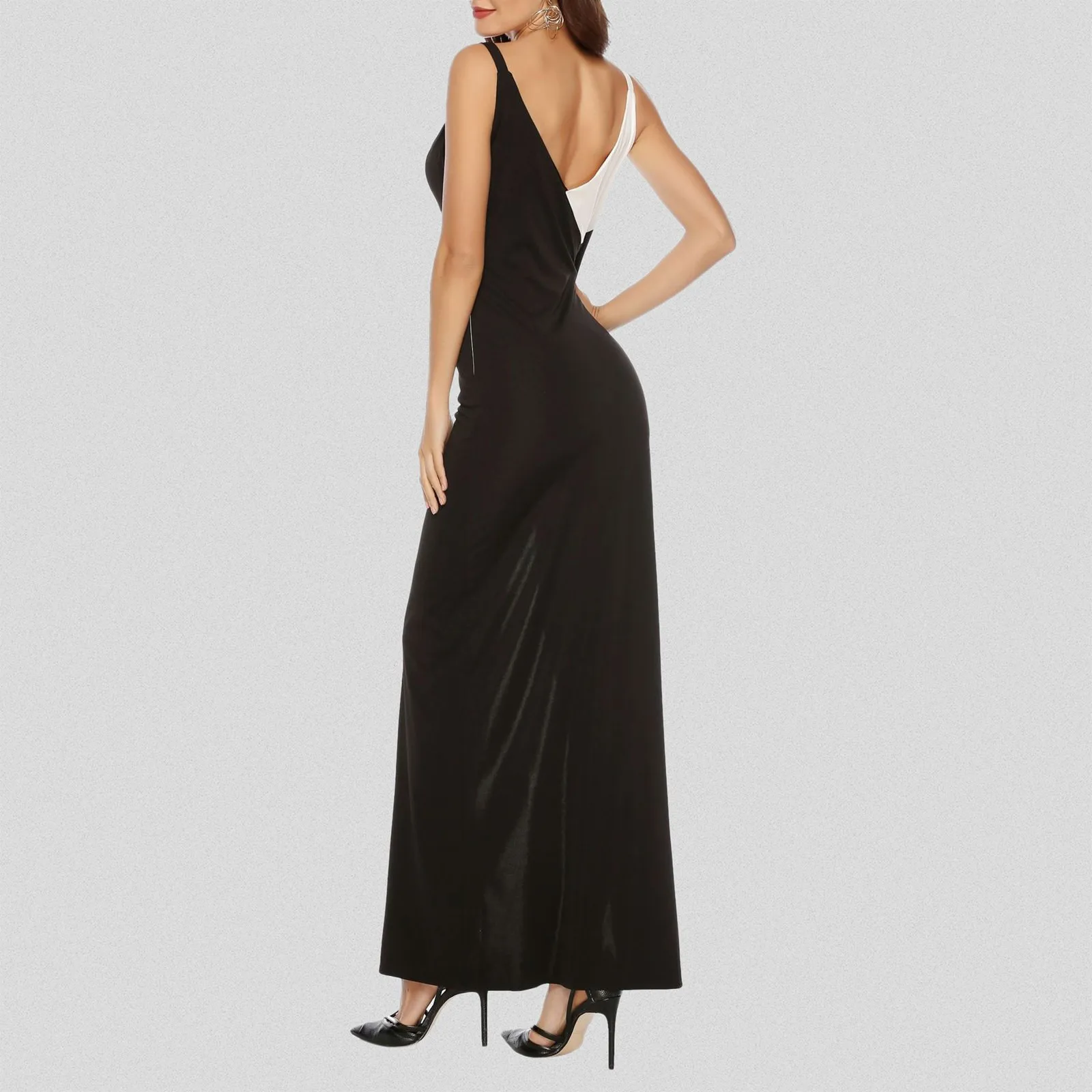 Vestido largo sexi para mujer, Vestido de Fiesta negro y blanco con abertura, Vestido de Fiesta de noche, Vestido de Tango a la moda para discoteca, Vestido Formal con cuello en V