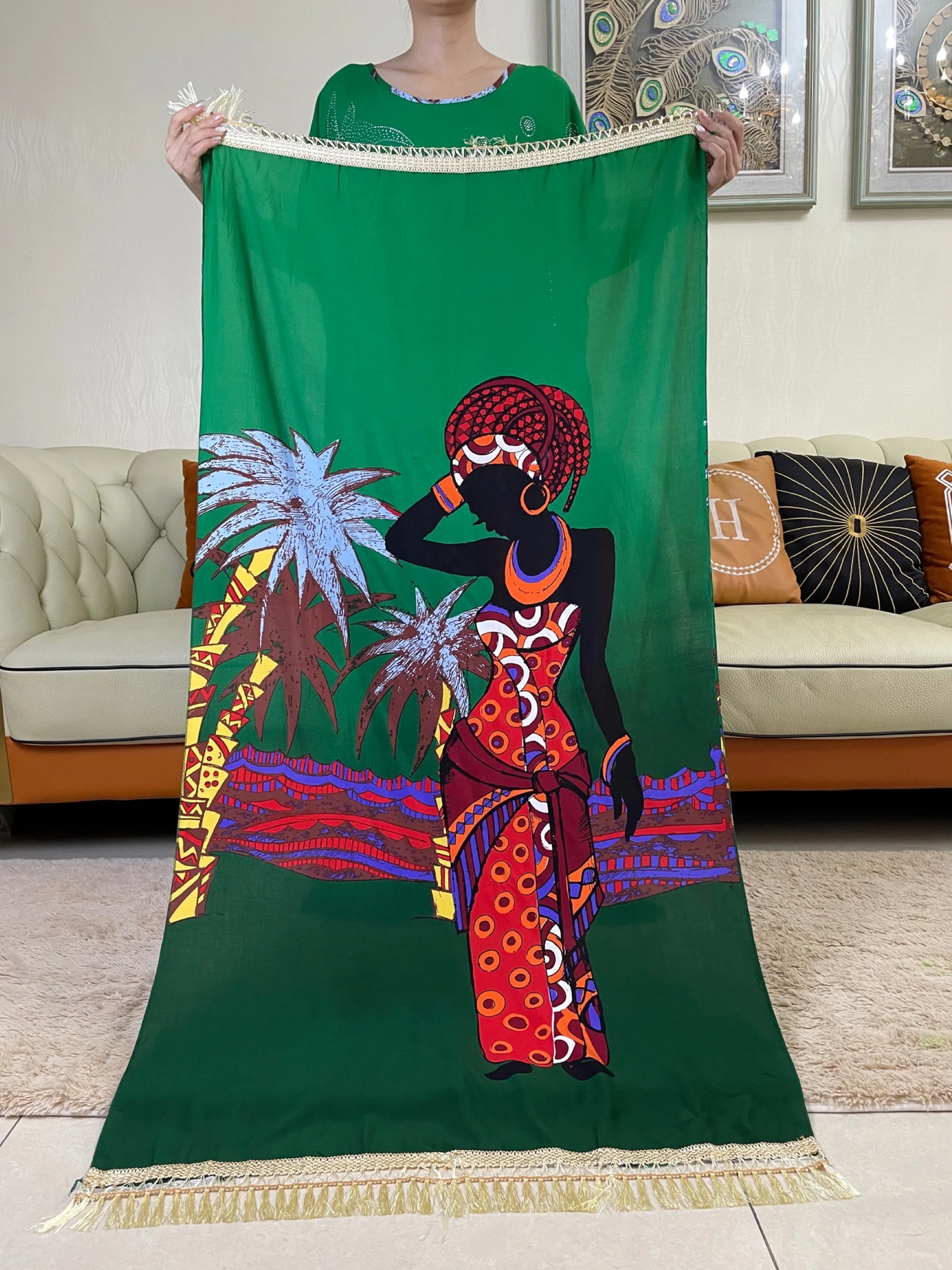 2023African Women\'s Summer Dress With Big Scarf Diamond Cotton Abaya Printed Fabric Muslim Femme Maxi Casual Outfit