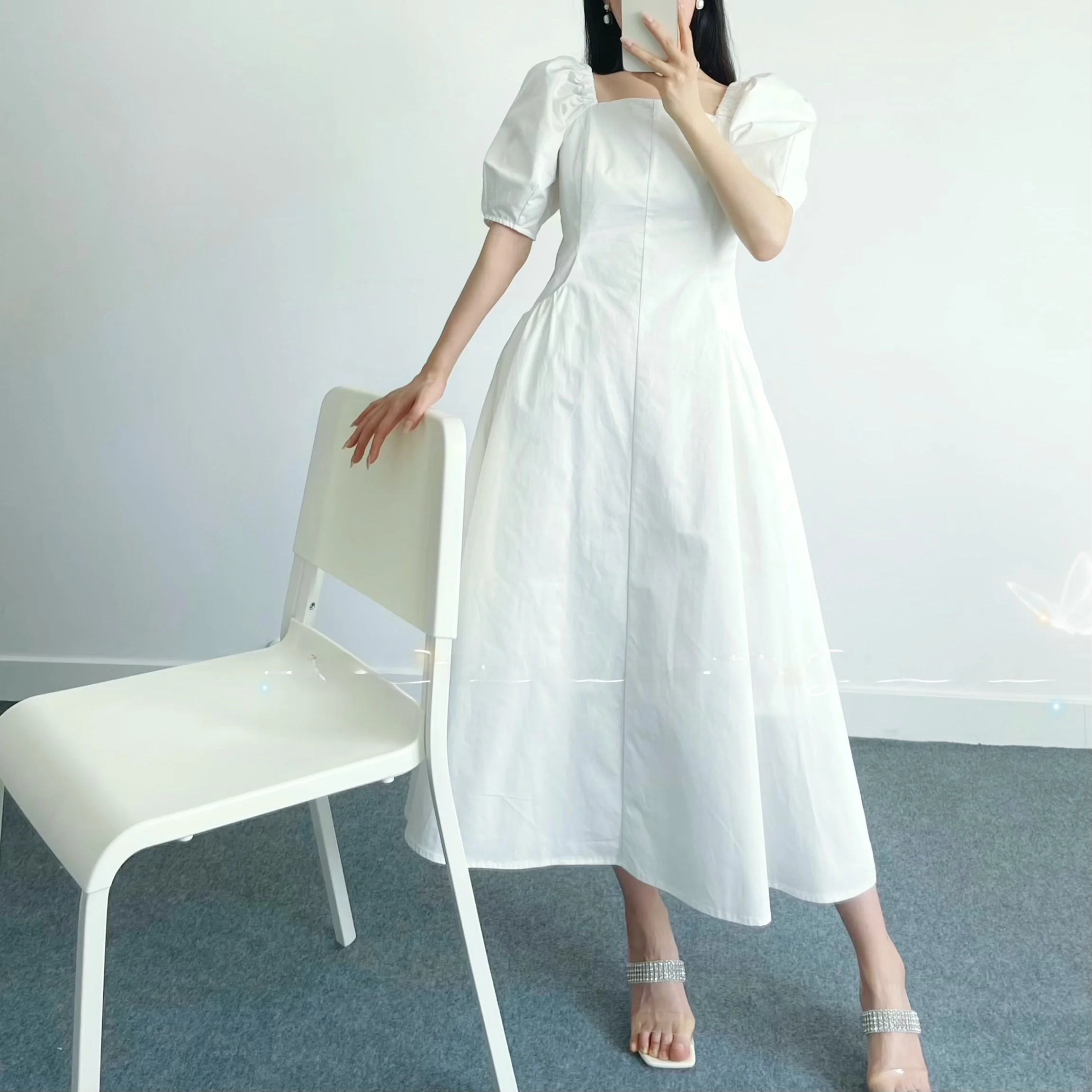 

High Waist Long Dr Summer 2024 Commute Sle ort Sve Bubble Sve Square Ne White Color Cotton Maxi Dr