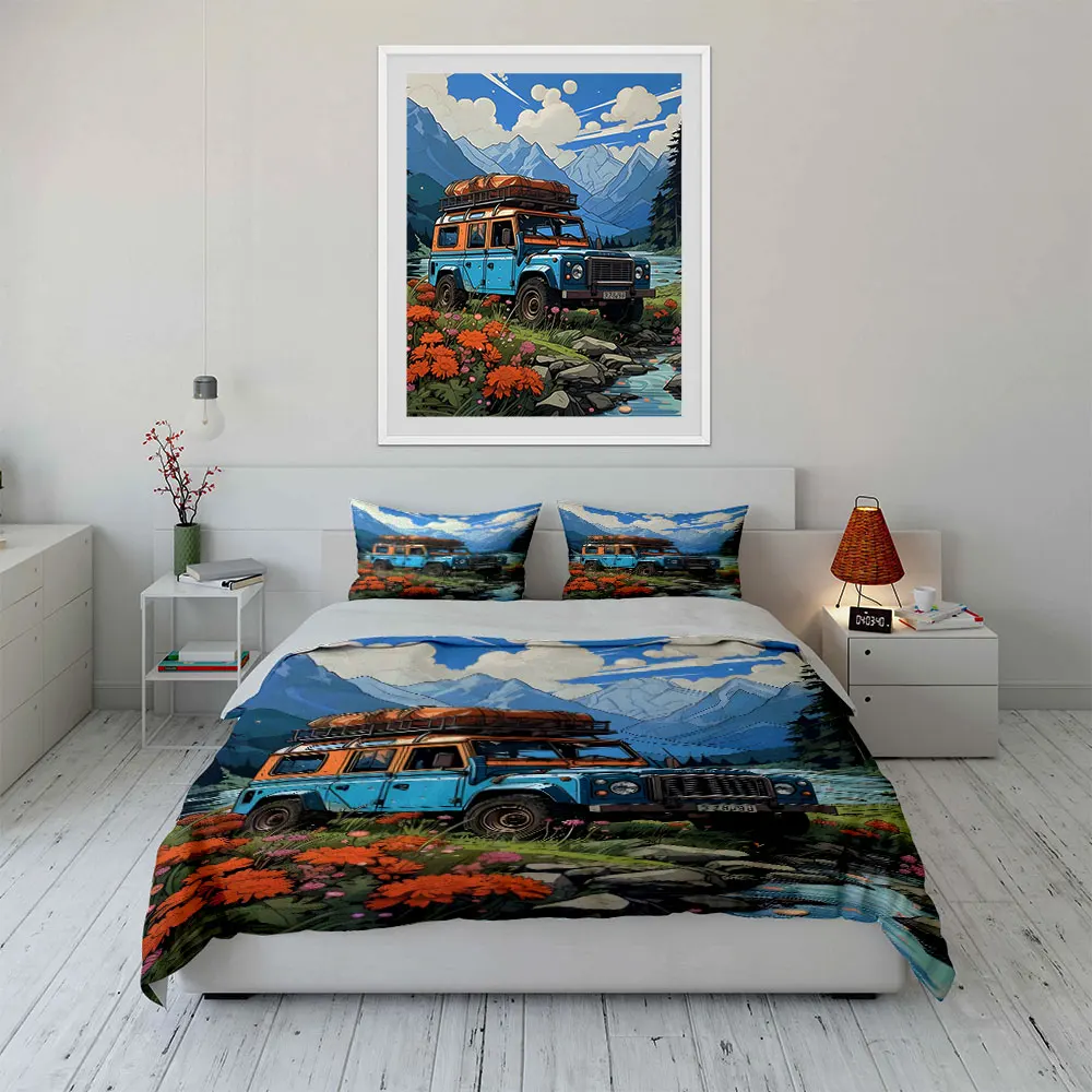 Off-road vehicle in mountain stream scenery Pattern Duvet Cover Set Digital Print Colorful Polyester Bedding with Zipper Closur