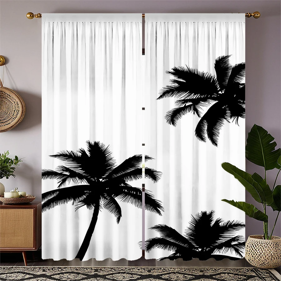 2pcs- Black and white coconut tree printed curtains, pole bag curtains, Christmas decorations, home decorations, room decoration