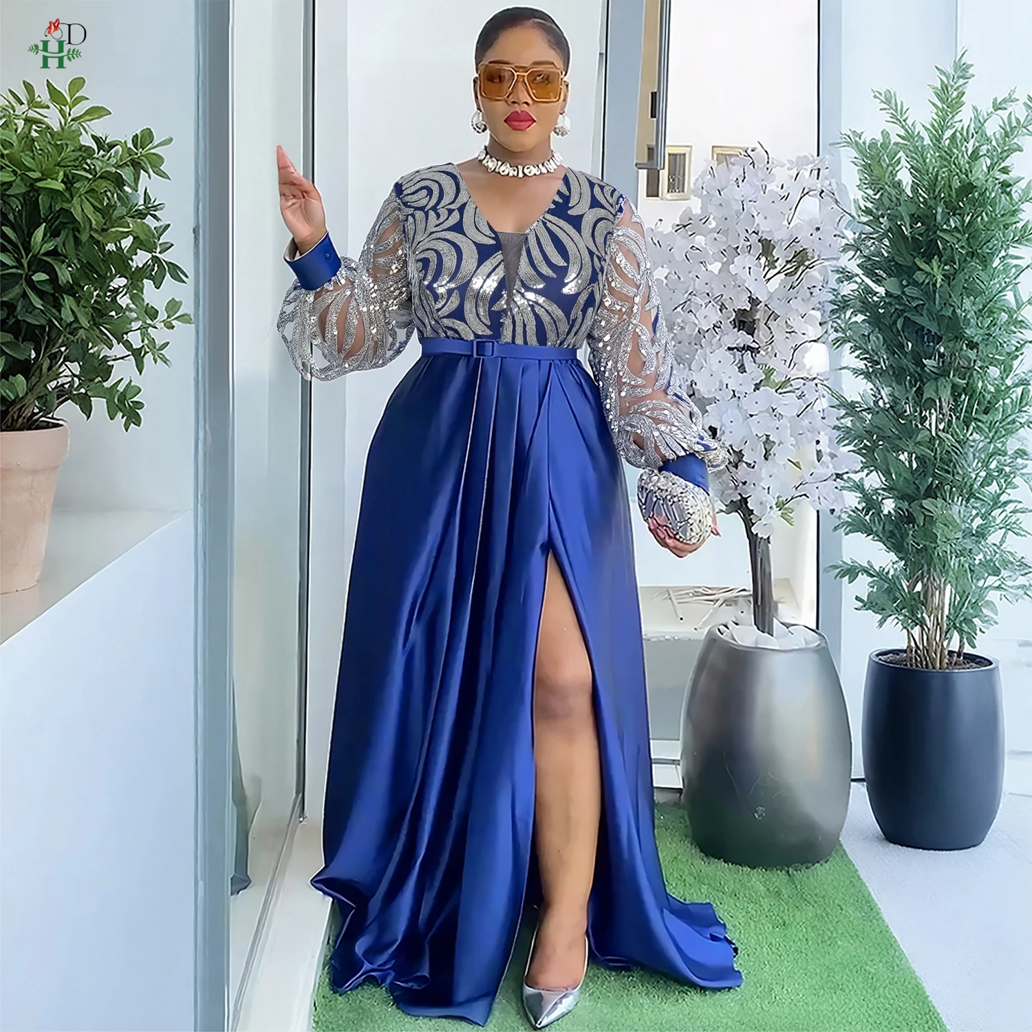 

H&D African Gold Sequin Evening Gown Long Puff Sleeve with V Neck Belted Waist Design Maxi Dress For Weddings Galas and Parties