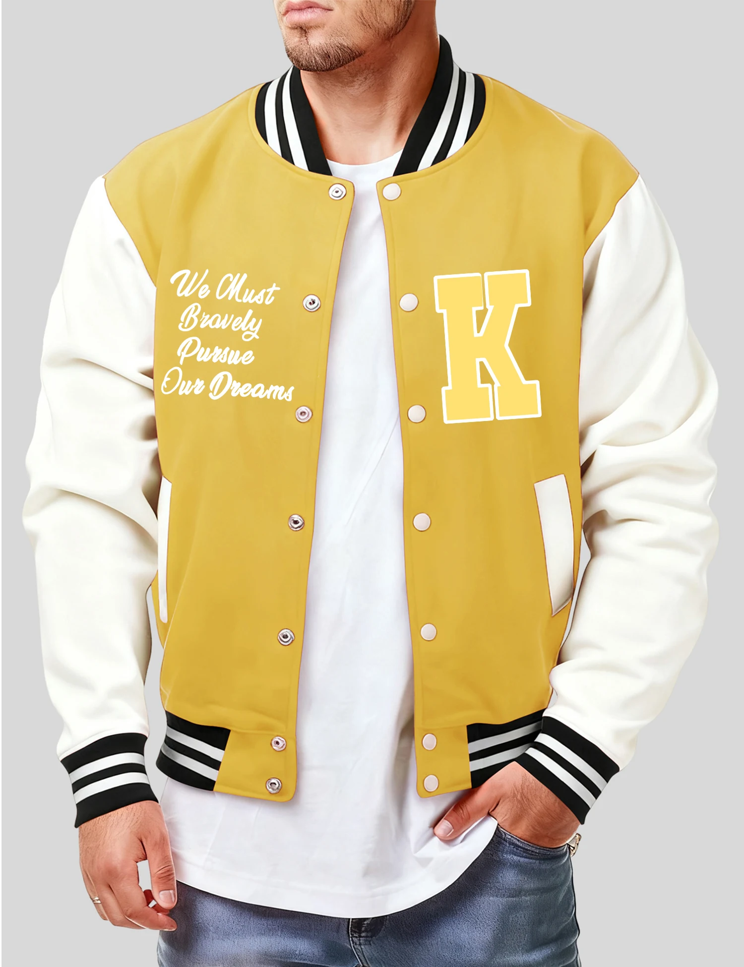 

We Will Achieve Our Dream, K Print Jackets Men Autumn Fleece Streetwear Button Oversize Baseball Jersey Casual Hip Hop Top