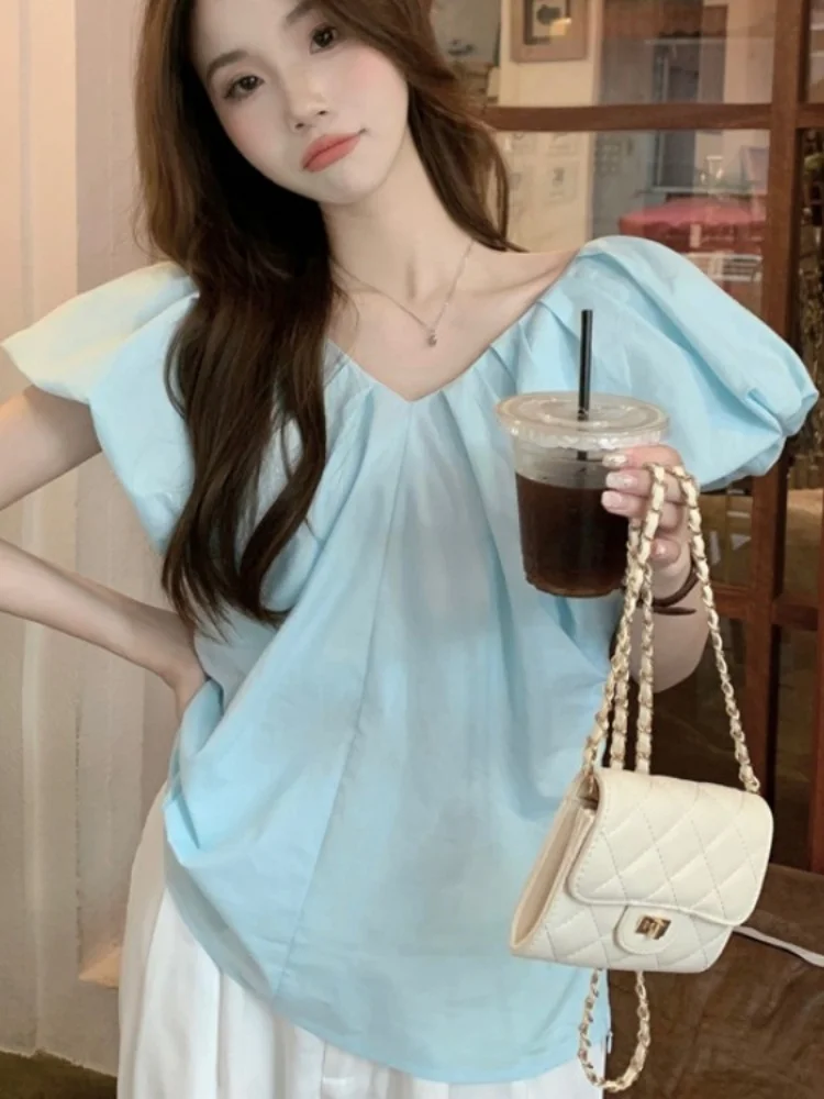 Csa blanca suave con mangas de burbujas para mujer, Top pado con cuello en V y espalda descubierta, estilo informal, ho...