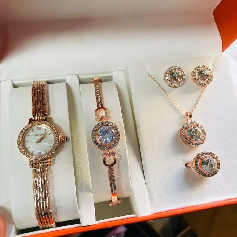 5pcs Luxury Watches Jewelry Set Women Rhineston Quartz Watch Wristwatch Necklace Earrings Ring Set For Girl Ladies Gift