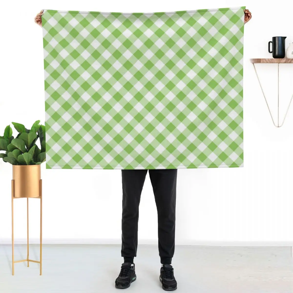 Green Gingham Check Throw Blanket Outdoor Soft Blanket for Picnic Beach Camping