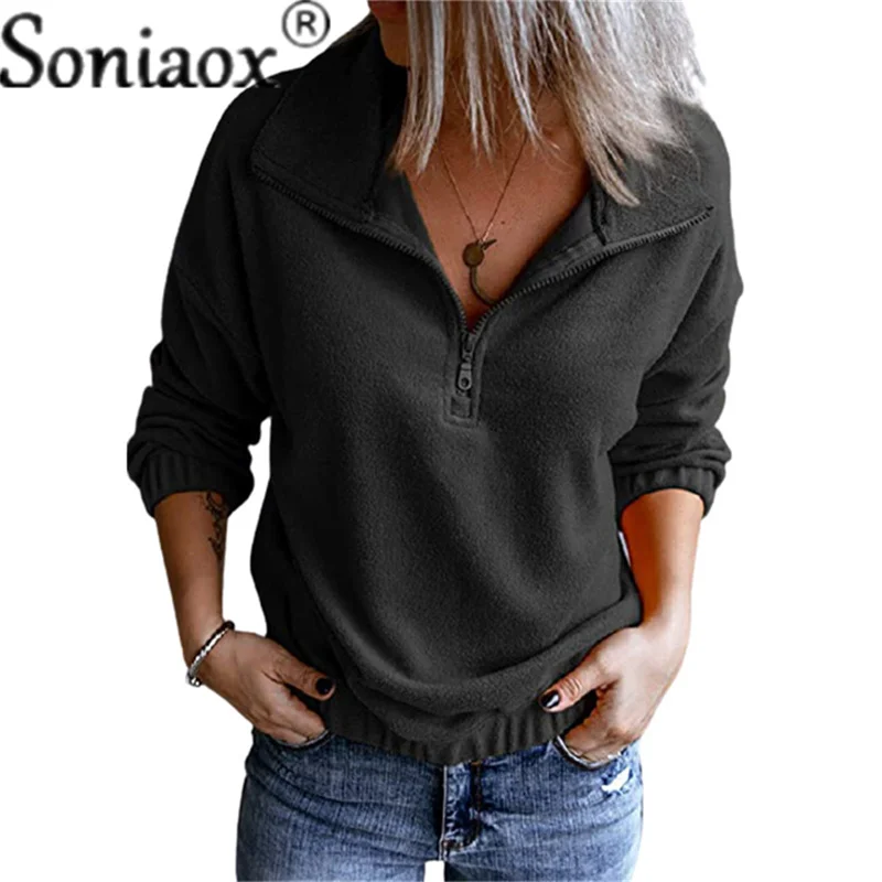 

2022 Autumn Women Sweatshirts Loose Casual V Neck Zipper Long Sleeve Polar Fleece Top Pullover Streetwear Ladies Fashion Hoodies