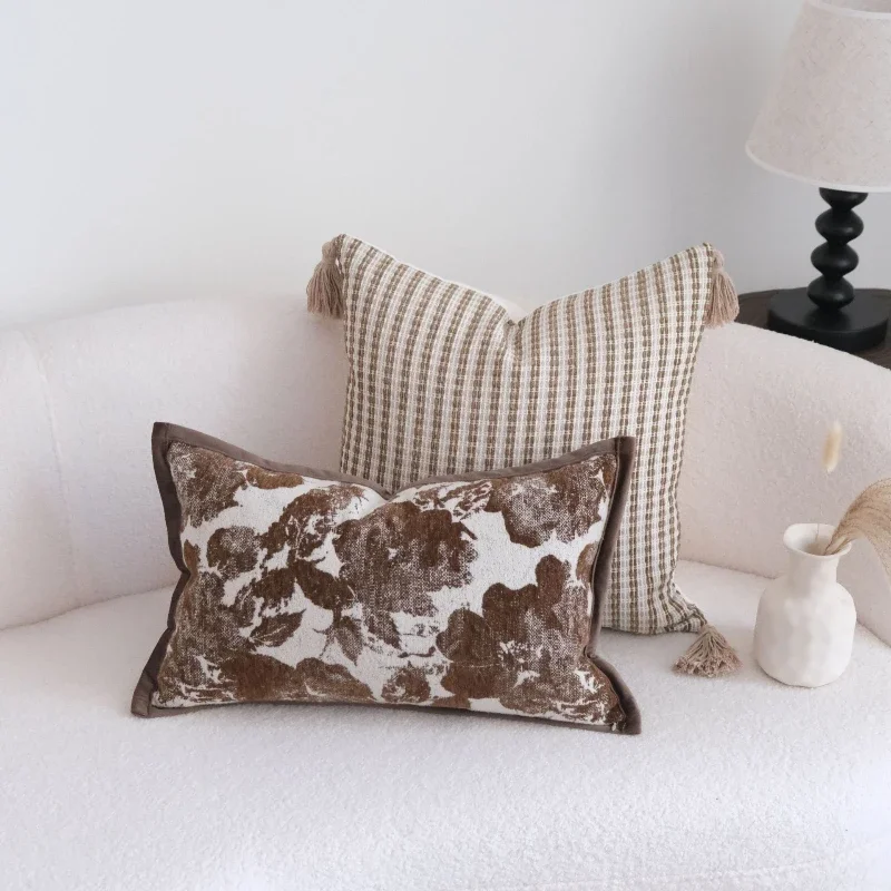Coffee Brown Maillard Cushion Cover Retro Geometric Jacquard Pillow Case Wabi Sabi Pillow Covers Decorative Modern Luxury Home