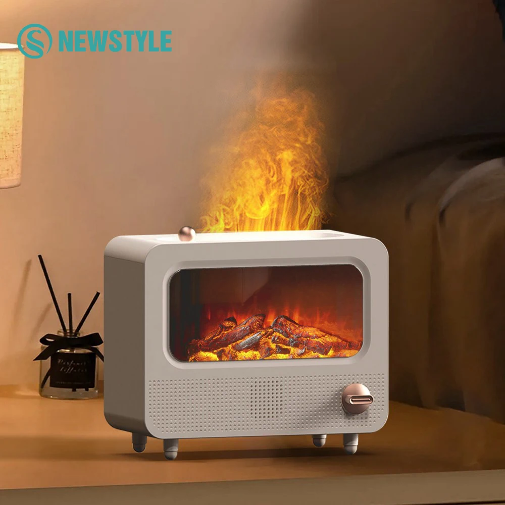 White Noise Flame Air Humidifier Retro Fireplace Bluetooth Music Playback Essential Oil Aromatherapy Diffuser Colorful Lighting