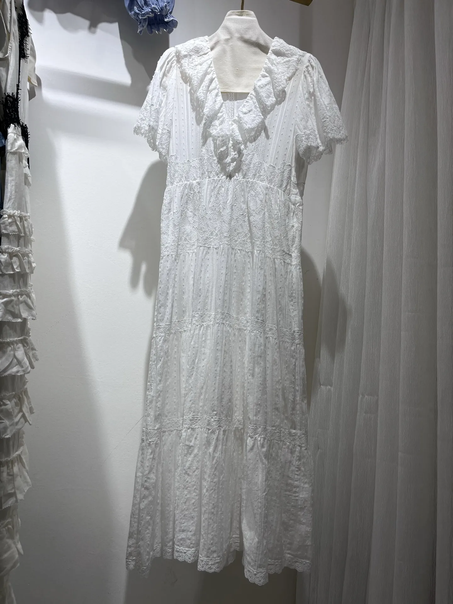 Women 100% Cotton White Maxi Dress Lace Embroidery Ruffles Spliced V-Neck Short Sleeve High Waist Holiday Loose Robe