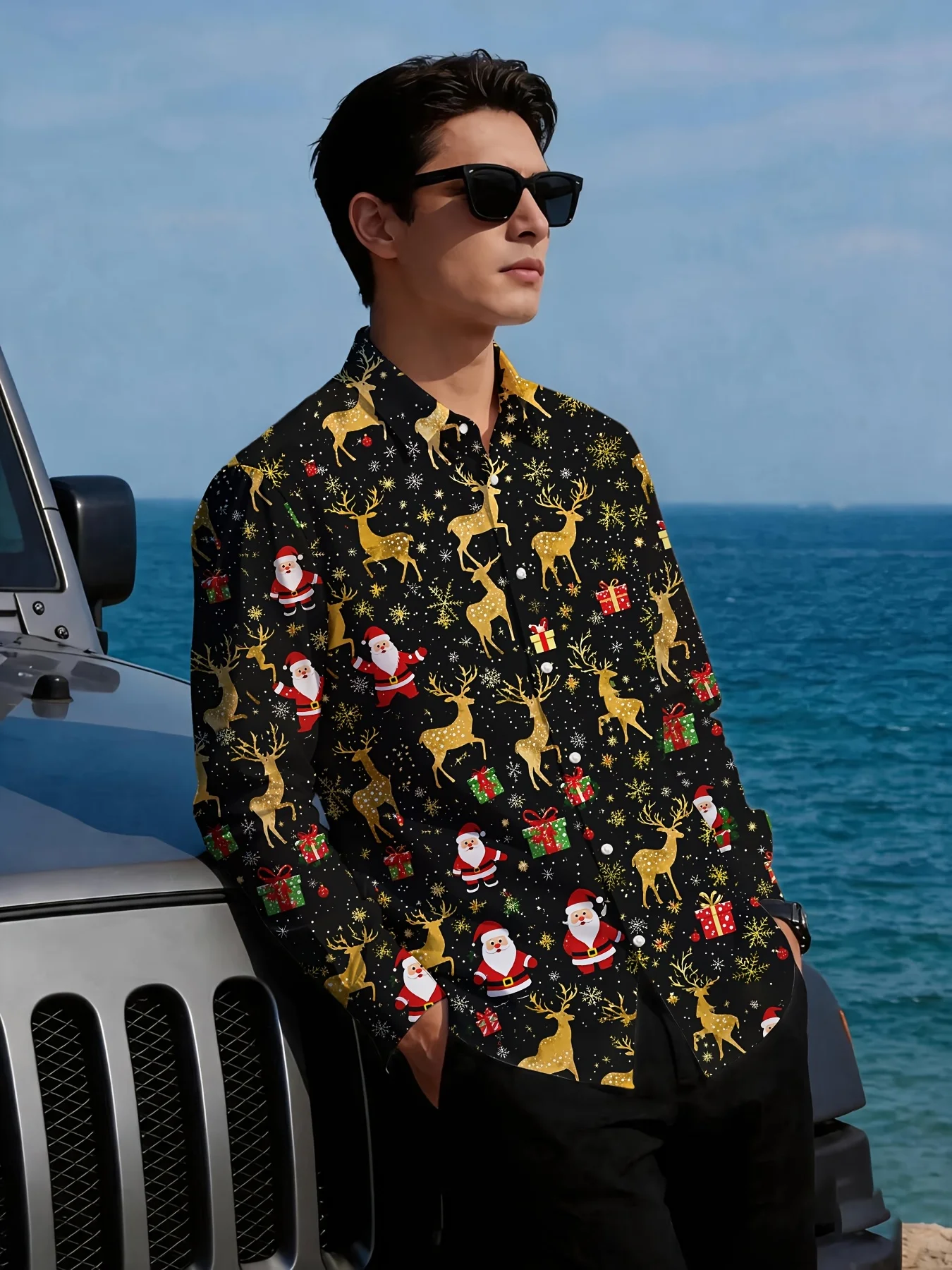 Men Long Sleeve Button Down Shirt Black Golden Reindeer Santa Gift Snowflake Print Polyester Lapel Collar Xmas Party