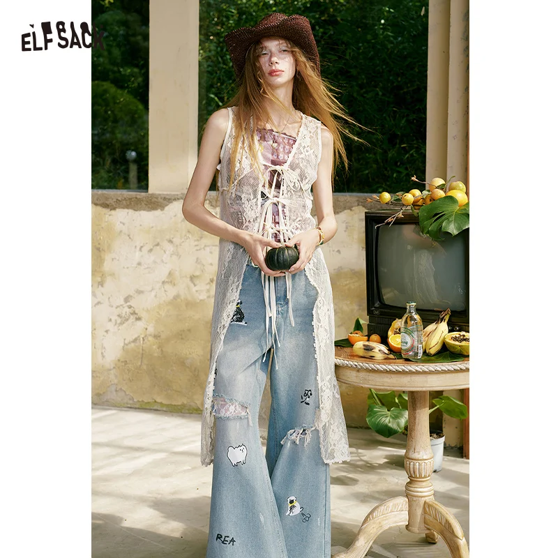 ELFSACK Women's Sheer Floral Lace Long Vest, V Neck Front Tie Sleeveless Long Outerwear, Scalloped Hem Layering