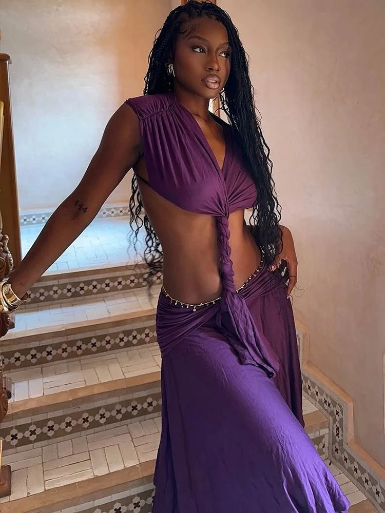 Whatiwear Backless Maxi Dress Woman Sexy Hollow Design Low-Neck Sleeveless Prom Party Waistless Ruched Midnight Elegant Vestidos