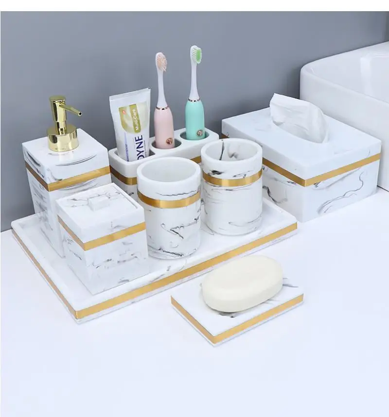 Ink Pattern Platinum Bathroom Sanitary Ware Set Resin Soap Dispenser Toothbrush Holder Cotton Swab Box Dish Storage Tray