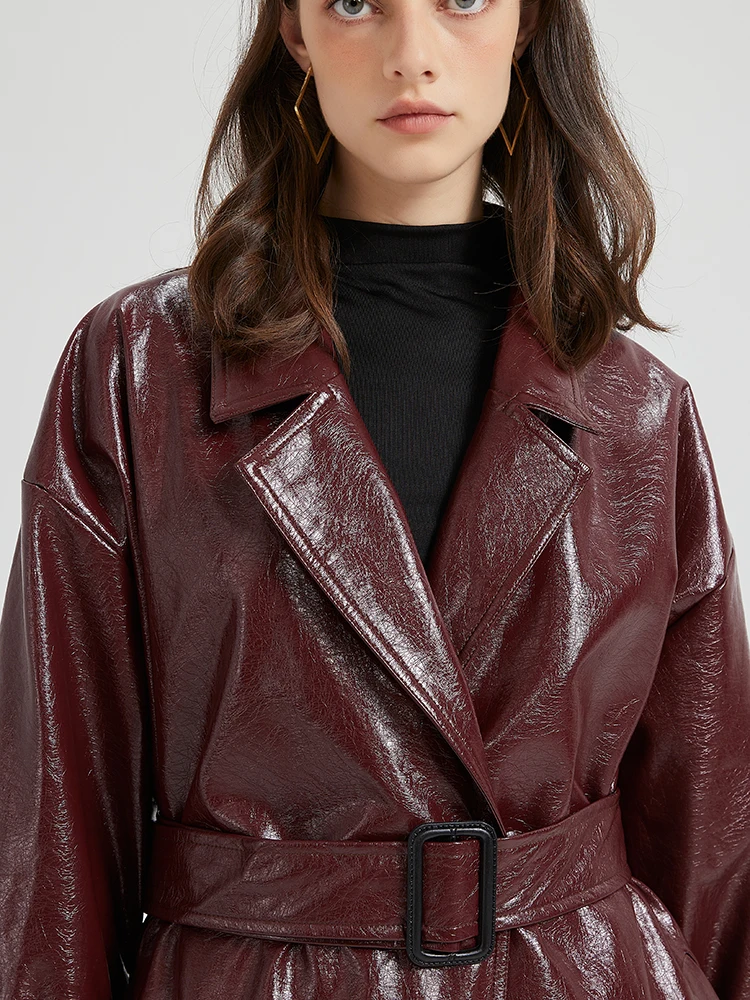 Lautaro-Manteau Extra Long pour Femme, en Cuir Pu, Couleur Bordeaux, avec Ceinture, Élégant, de Luxe, de Styliste, 2024