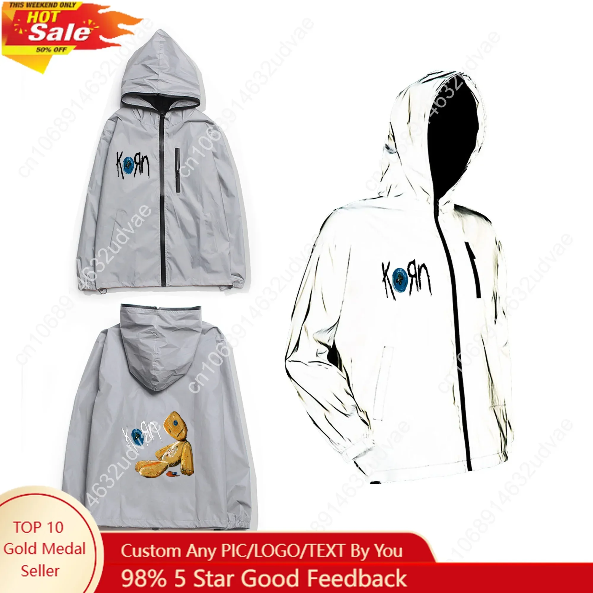 Korn Rock Band Reflective Jacket Mens Womens Coat Hooded Windbreaker Run Pocket Jackets Hiking Zipper Customized Hoodie