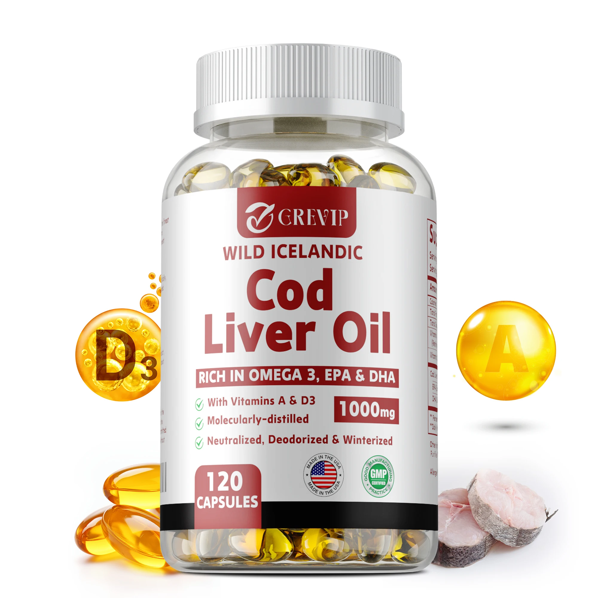 

Cod Liver Oil Capsules - Rich in Omega-3, EPA, DHA, Vitamin A, D - Supports Heart, Brain, Immune, Joint and Eye Health