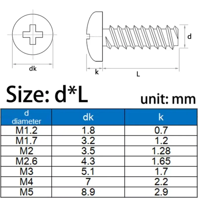 M1 M1.2 M1.7 M2 M2.6 M3 M4 M5 304 Stainless Steel Cross Round Head Cutting Tail Self Tapping Screws