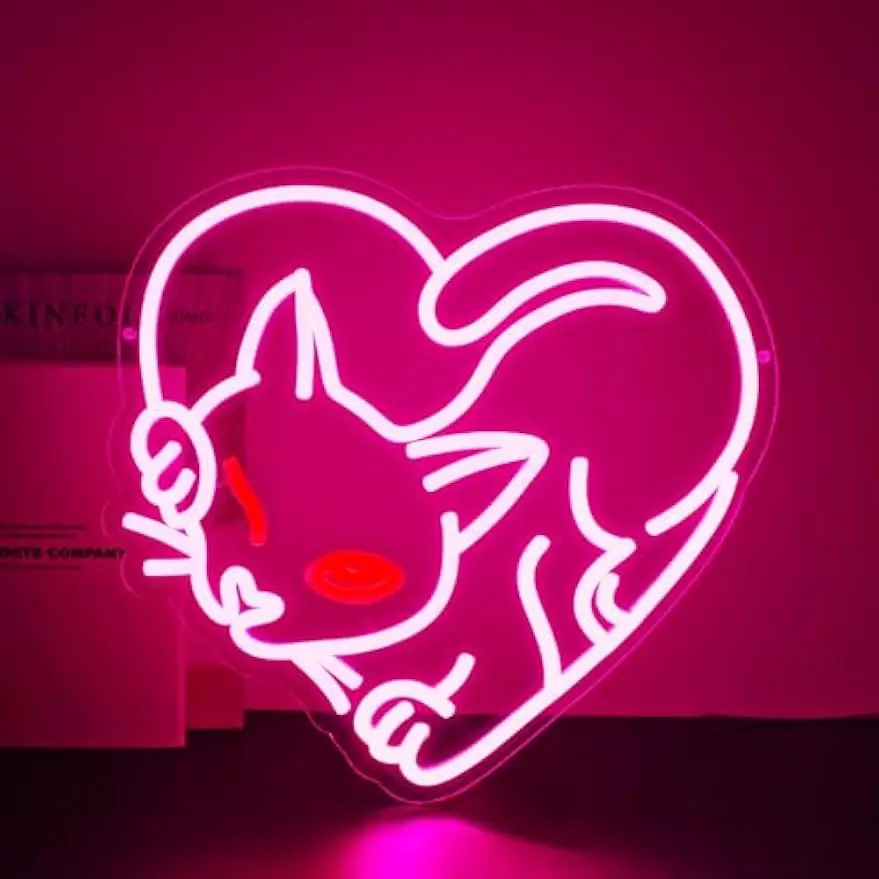

Неоновая вывеска «Сердце-Кот» с USB-питанием, регулируемая LED-лампа, настенный декор для спальни, игровой комнаты, гостиной, подарки на день рождения