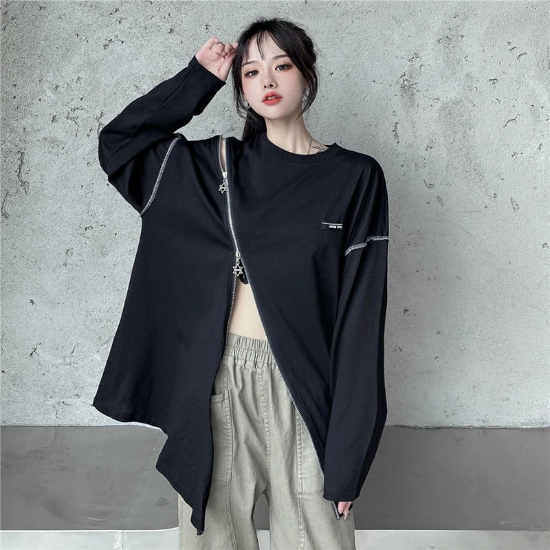 Zipper Split Fork Long Sleeve O Neck Women T Shirts Fall Korean Fashion Hip Hop Punk Sexy Girls Oversized Clothing Black White