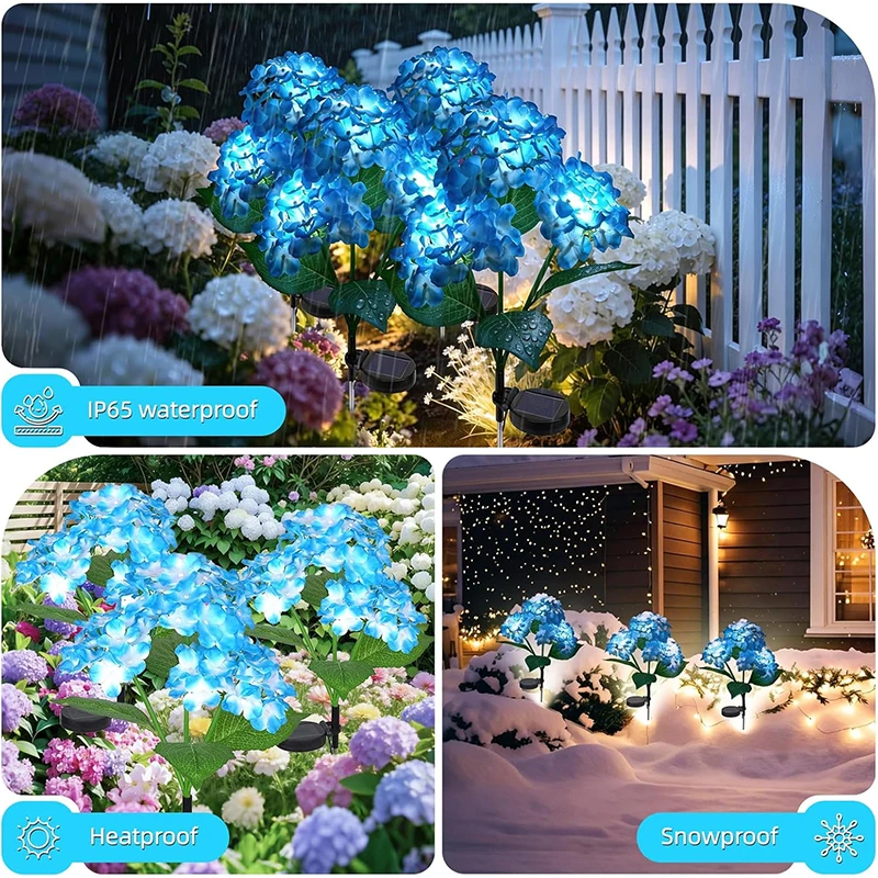 Solar LED Flower Lights Outdoor Garden Decor Blue Hydrangea Pathway Lights for Courtyard Lawn Patio Balcony Decor