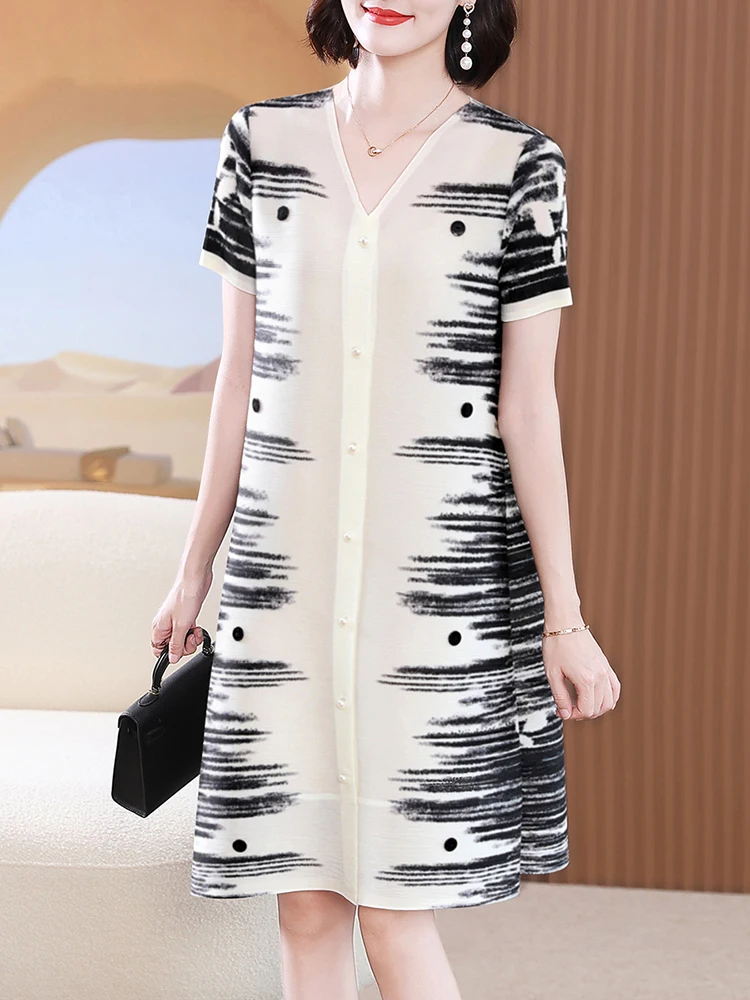 

Miyake Pleated Dress Short Sleeve Print V Neck Single Breasted Loose A Line Loose New 2023 Summer Elegant Versatile Dress Women