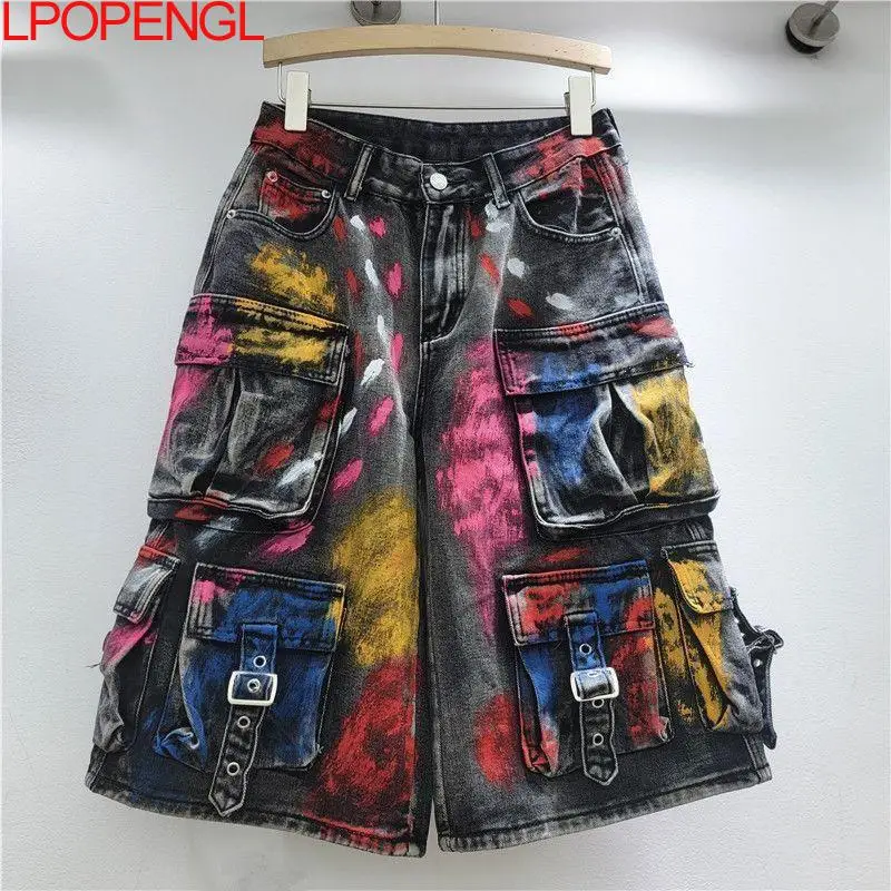 

Женские летние новые джинсовые шорты-комбинезон из тяжелой промышленной ткани с эффектом тай-дай, с высокой талией, свободные, прямые, длиной до колена