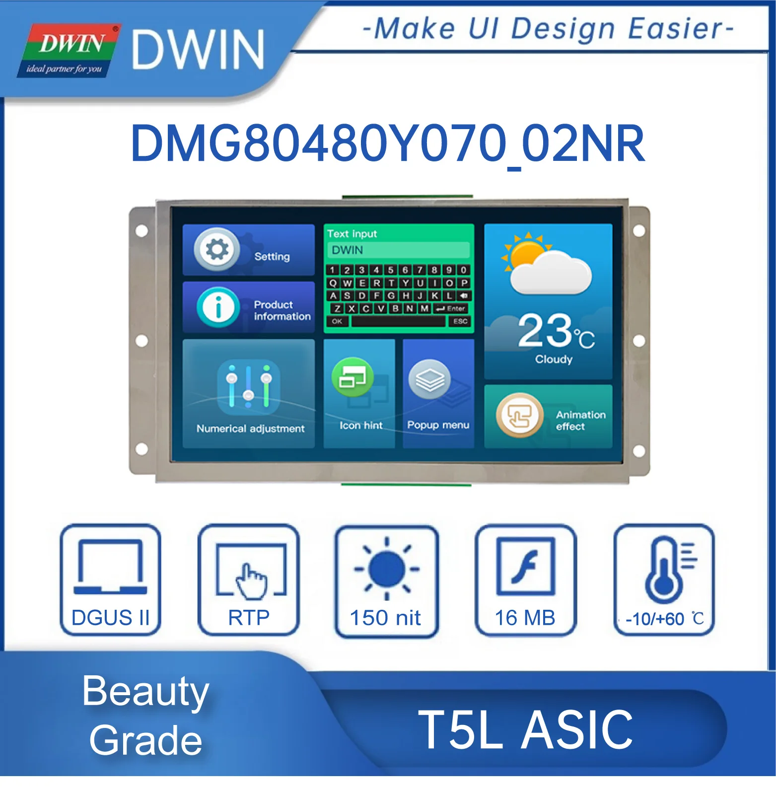 

DWIN 7 Inch 800x480 TFT LCD HMI Display Module TN TTL/RS232 Resistive Touch Pane For Arduino DMG80480Y070_02NN/NR