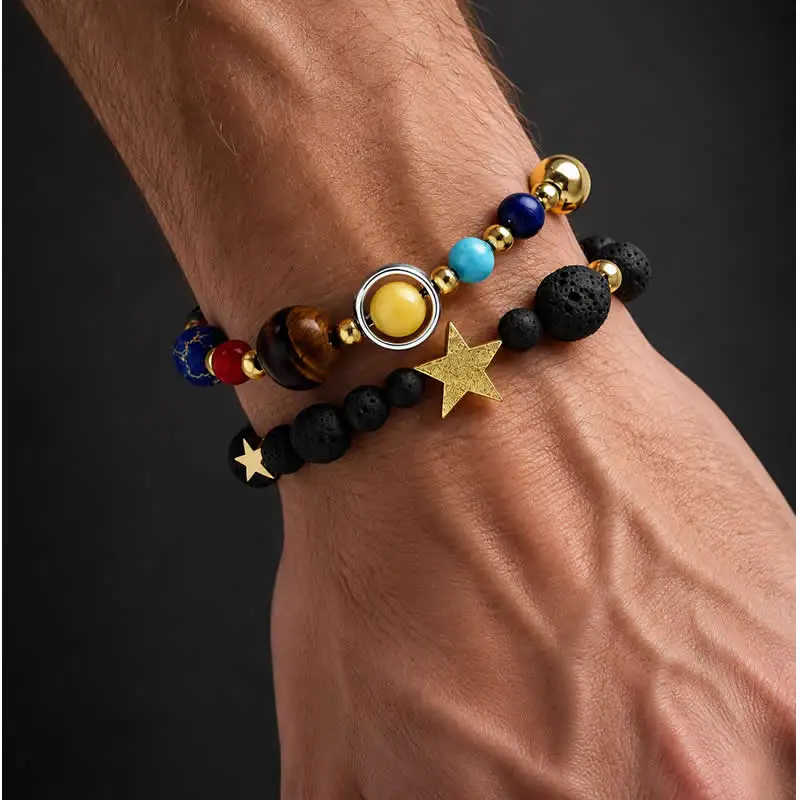 Solar System Planet Beads Bracelet Chakra Natural Stone Healing Lava Blue Sand Stone Unisex Boho Gift for Men Women