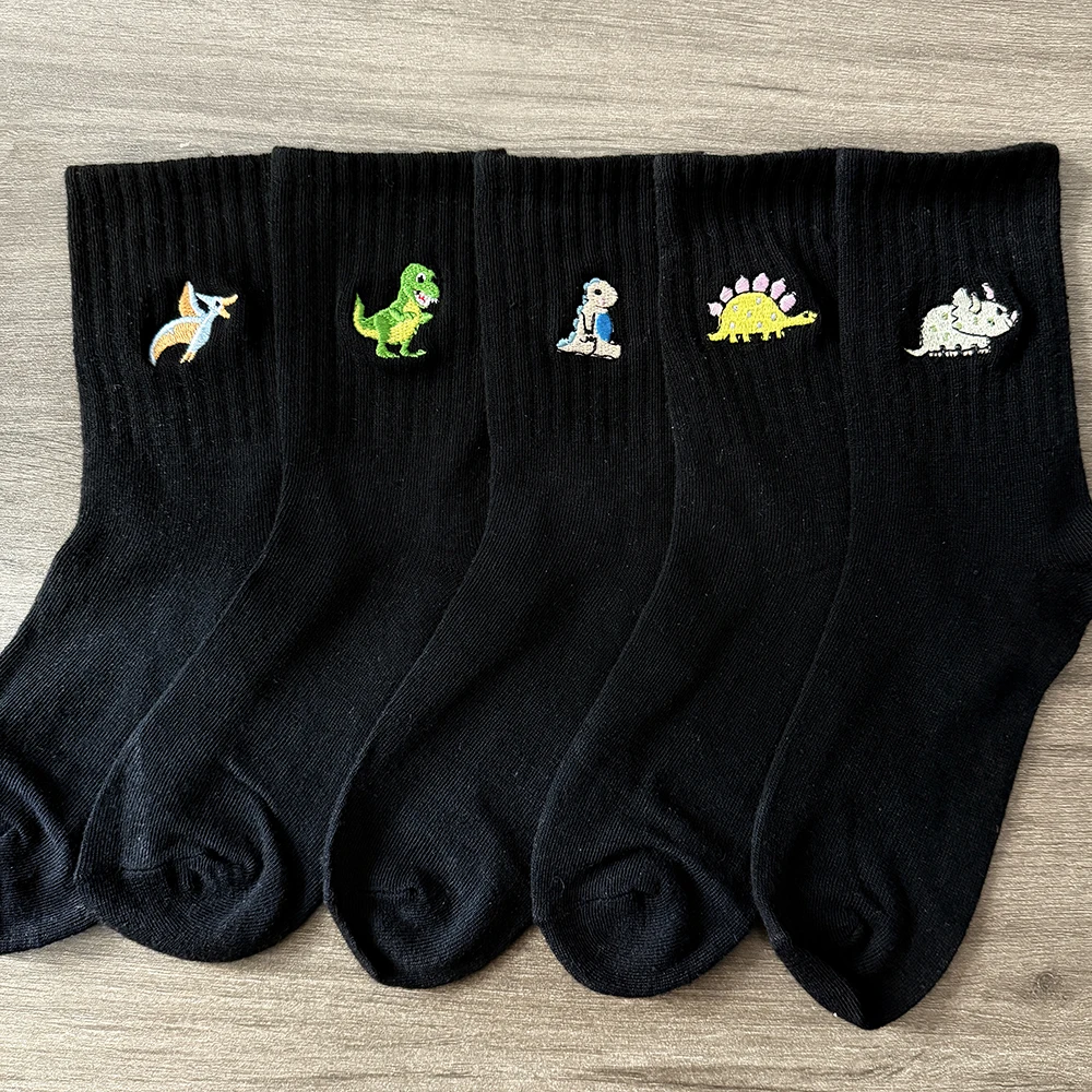 5 Pairs/Pack Cute Women Embroidery Dinosaur Socks White Lovely Cartoon Animal Vintage Shortnovelty Crazy Funny Cozy Socks image 3