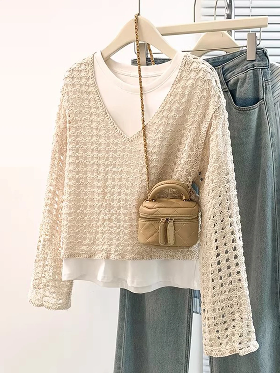 

n Sle Women's Knitted Hollow out V-Ne Long Sve Top Spring Faion Outerwear Layering Soft Loose Fit Casual