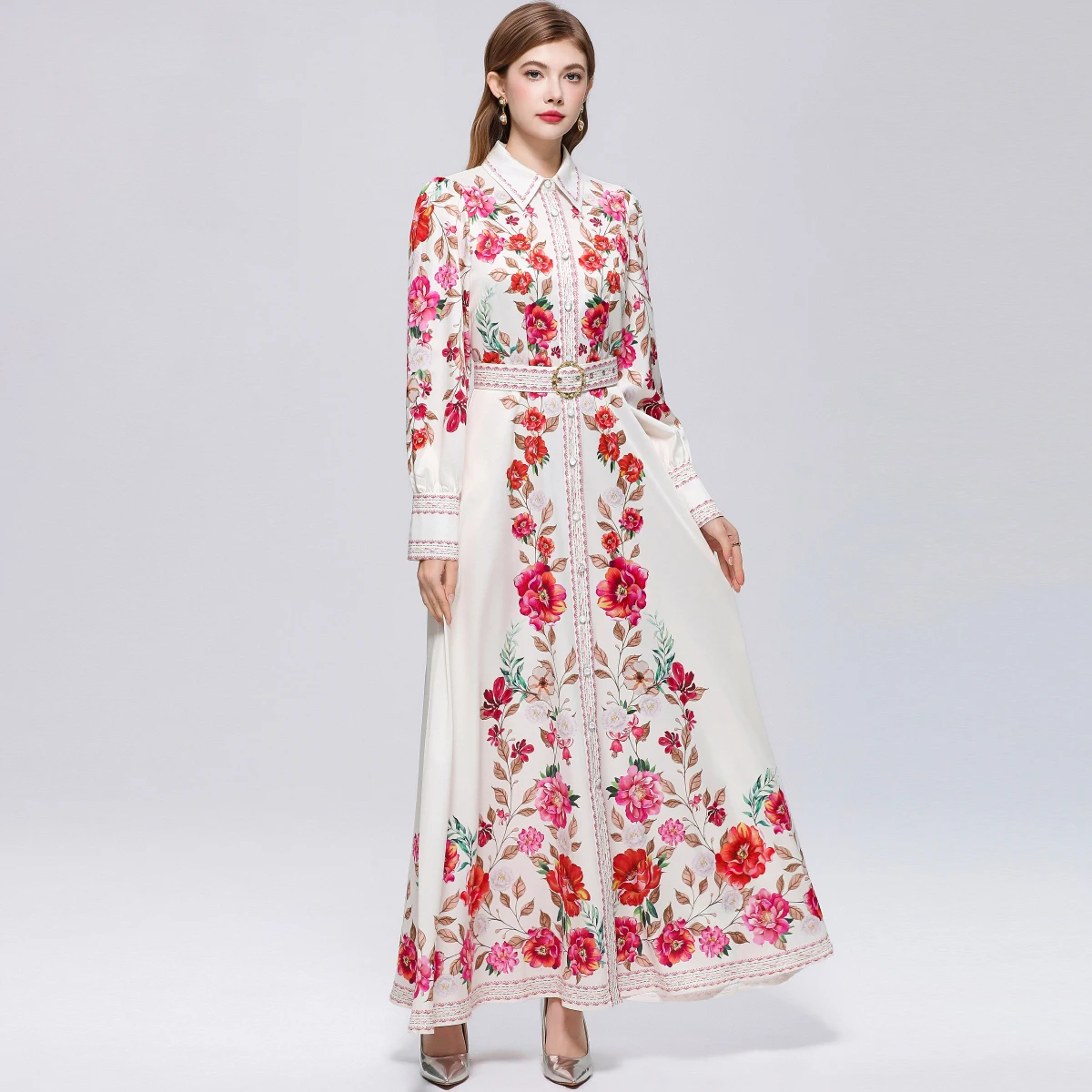 

Spring Autumn French Holiday Style Long Sleeve Dress Shirt Women's Turn Down Neck Floral Print Single Breasted Belt Maxi Vestido