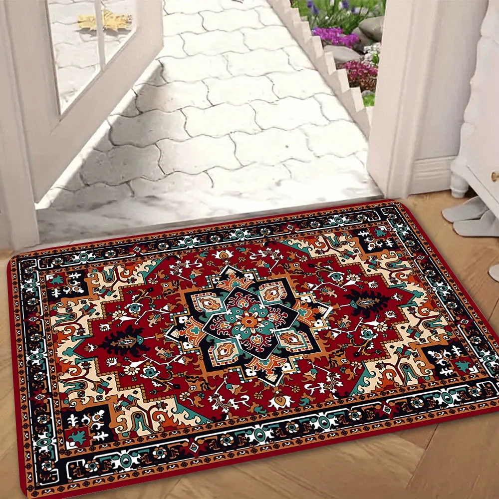 Tapis de porte persan traditionnel, motif floral ethnique rouge et bleu vibrant, tapis antidérapant pour la décoration intérieure bohème et culturelle