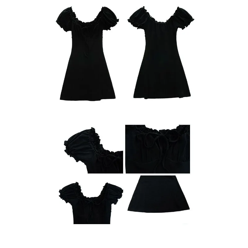 Women's Summer Solid Color Drawstring Ruffle Edge Hip-wrapped Dress Slim Bubble Short-sleeved Square Neck Slim Black Short Skirt