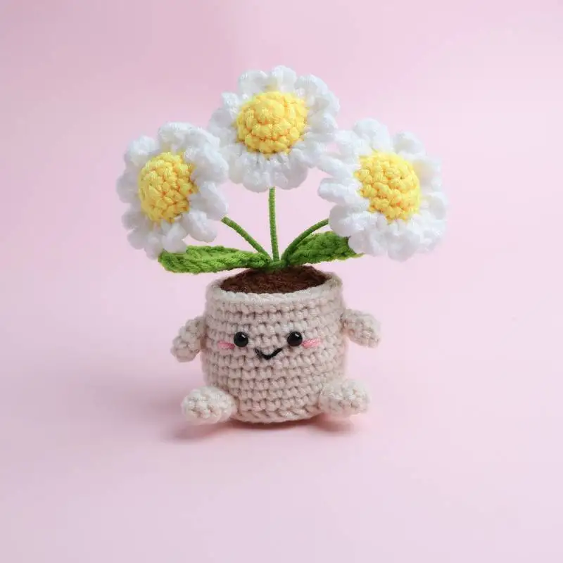 Niedliche Gehäkelte Gänseblümchen-Topfpflanze Handgefertigte Gewebte Blätter Kreative Kunstpflanzen Desktop-Bücherregal-Deko Geschenk – Detail 4
