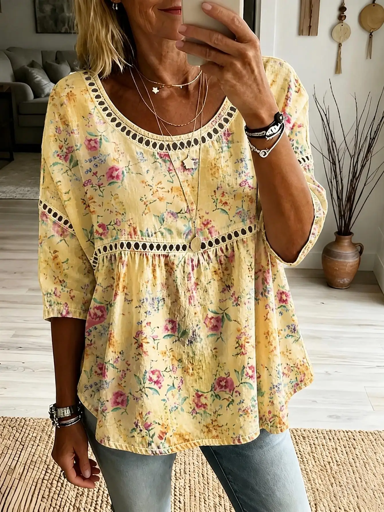 Women Plus Size Blouse 3D Floral Print Loose Fit Long Sleeve Boho Tunic Top